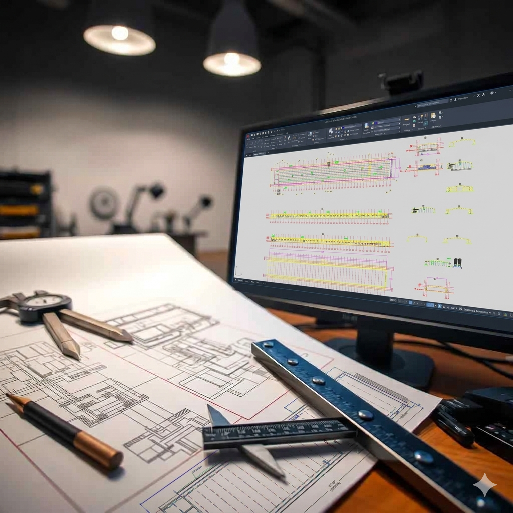 AutoCAD open on monitor beside hand drawings and drafting tools